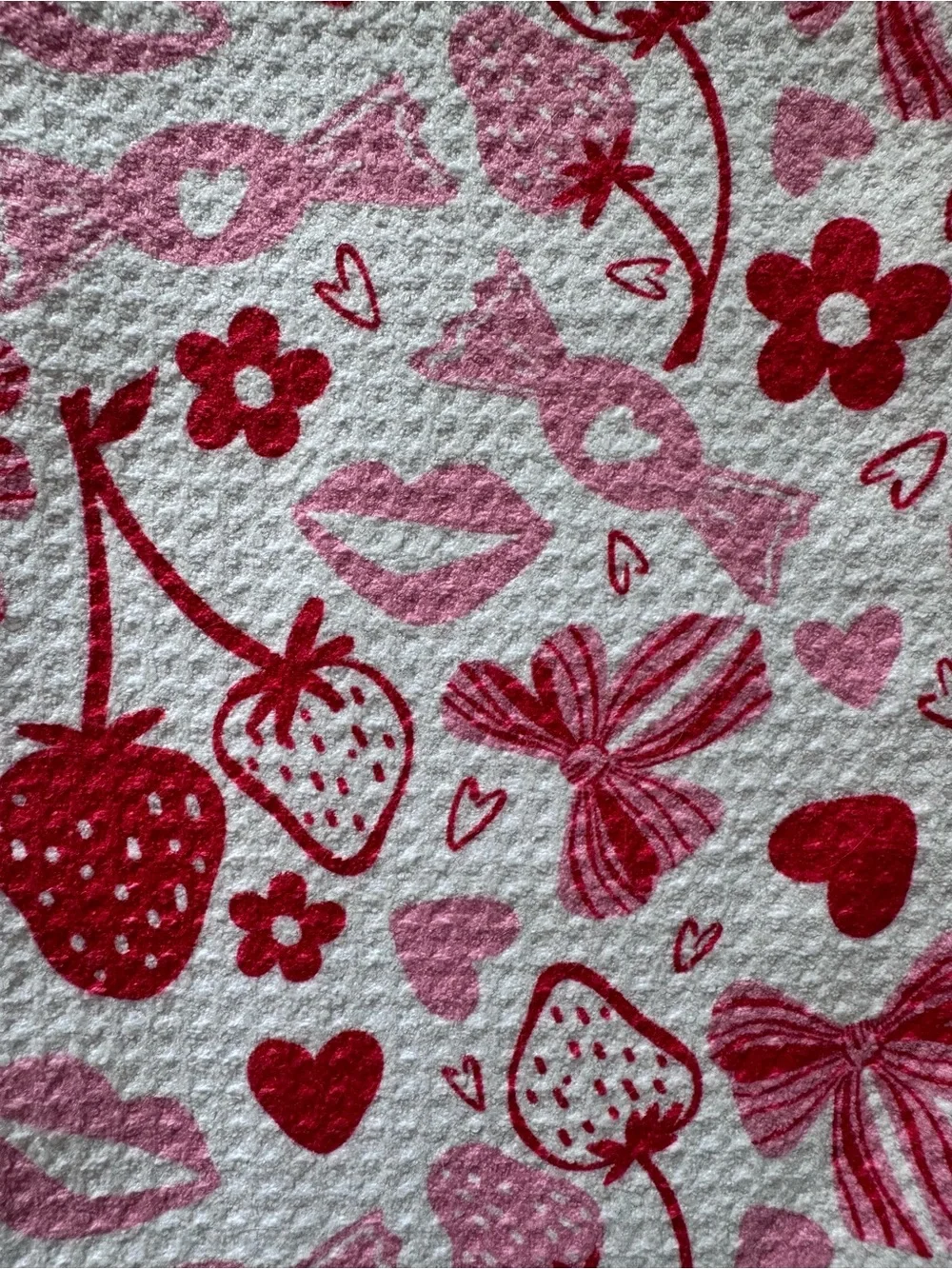 Tea Towel NWT, Pink & Red, Berries & Bows, Great for Gift, Sustainable/Recycled